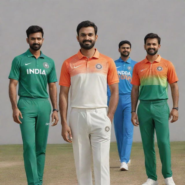 2028 Team India jersey, featuring vibrant colors of the national flag - saffron, white, and green, with the team logo, and sleek modern design patterns