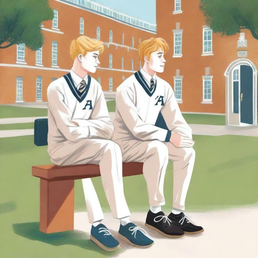 This is a high-quality illustration portraying two young white men in college, the protagonist and 'A', sitting closely on a bench amidst a lively campus