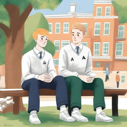 This is a high-quality illustration portraying two young white men in college, the protagonist and 'A', sitting closely on a bench amidst a lively campus