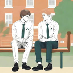 This is a high-quality illustration portraying two young white men in college, the protagonist and 'A', sitting closely on a bench amidst a lively campus