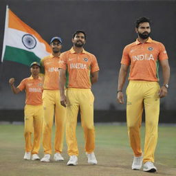 2028 Team India jersey, featuring vibrant colors of the national flag - saffron, white, and green, with the team logo, and sleek modern design patterns