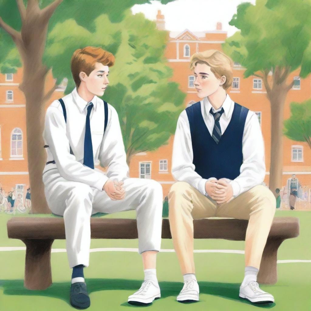 This is a high-quality illustration presenting two young white men in college, the protagonist and 'A', sitting closely on a bench amidst the lively campus grounds