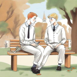 This is a high-quality illustration presenting two young white men in college, the protagonist and 'A', sitting closely on a bench amidst the lively campus grounds