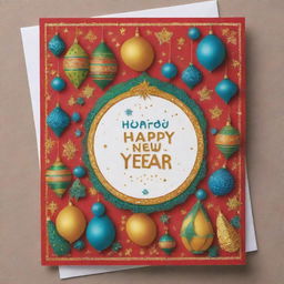 A beautifully crafted greeting card saying 'Happy New Year' in Amazigh language surrounded by celebratory decorations and festive imagery