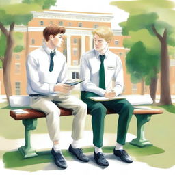 This is a high-quality illustration presenting two young white men in college, the protagonist and 'A', sitting closely on a bench amidst the lively campus grounds
