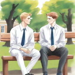 This is a high-quality illustration presenting two young white men in college, the protagonist and 'A', sitting closely on a bench amidst the lively campus grounds