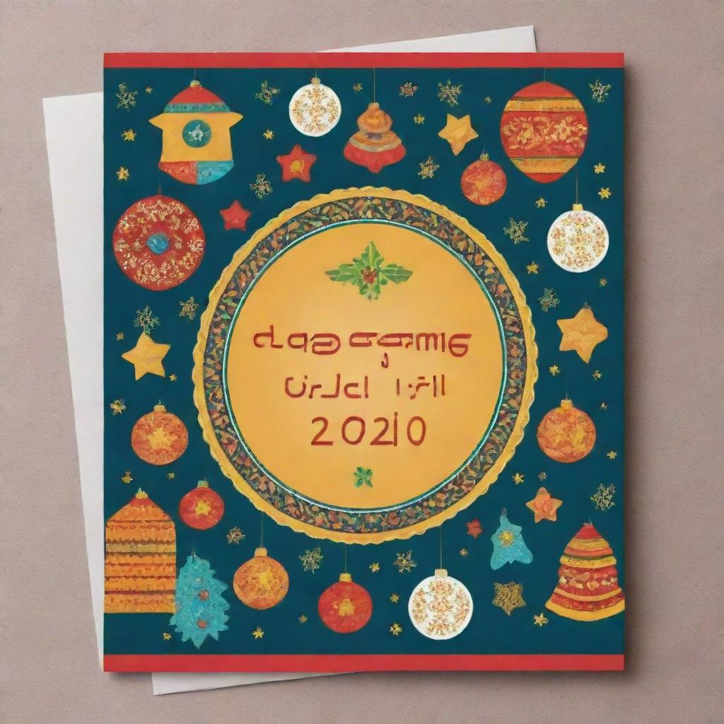 A beautifully crafted greeting card saying 'Happy New Year' in Amazigh language surrounded by celebratory decorations and festive imagery