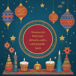 A beautifully crafted greeting card saying 'Happy New Year' in Amazigh language surrounded by celebratory decorations and festive imagery