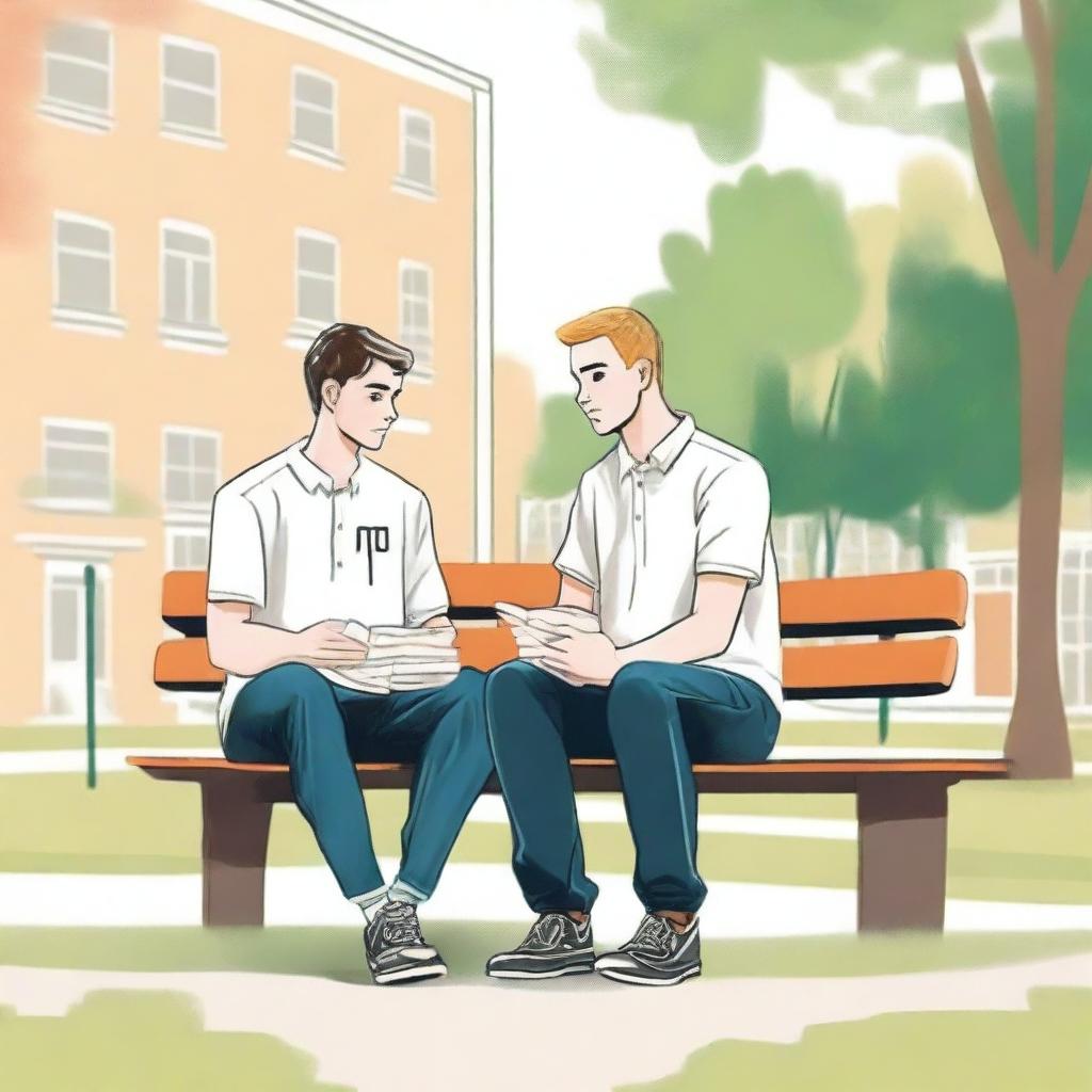 This is a premium-quality illustration showcasing two young white men in college, the protagonist and 'A', sitting closely on a bench within the energetic campus grounds