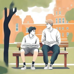 This is a premium-quality illustration showcasing two young white men in college, the protagonist and 'A', sitting closely on a bench within the energetic campus grounds