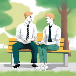 This is a premium-quality illustration showcasing two young white men in college, the protagonist and 'A', sitting closely on a bench within the energetic campus grounds