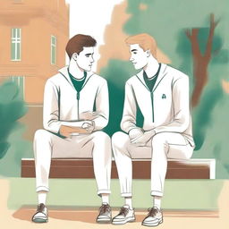 This is a premium-quality illustration showcasing two young white men in college, the protagonist and 'A', sitting closely on a bench within the energetic campus grounds