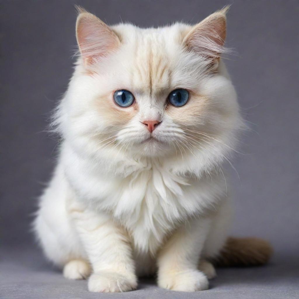 An adorable hybrid creature with features of both a cat and a dog living in harmony. Make sure its eyes are expressive and it possesses the soft fur of a cat and the playful demeanor of a dog.