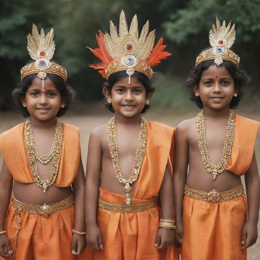 Children joyfully dressing up as the Indian deity, Bhagwan Ram, adorned in resplendent traditional attire, complete with bows and arrows.