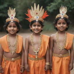 Children joyfully dressing up as the Indian deity, Bhagwan Ram, adorned in resplendent traditional attire, complete with bows and arrows.