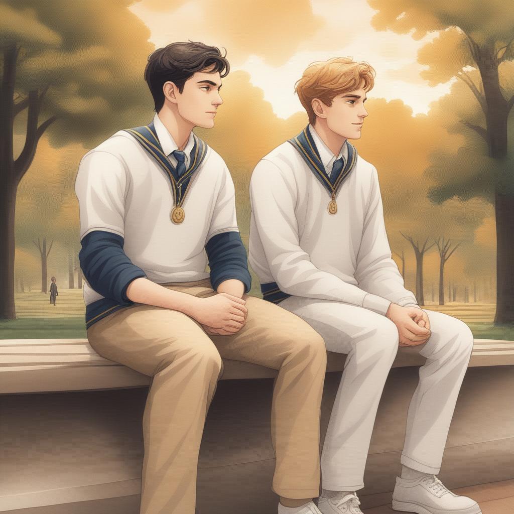 This is a high-resolution illustration featuring two young white men in college, the protagonist and 'A', sitting closely together on a bench amidst the bustling campus grounds
