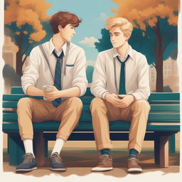 This is a high-resolution illustration featuring two young white men in college, the protagonist and 'A', sitting closely together on a bench amidst the bustling campus grounds