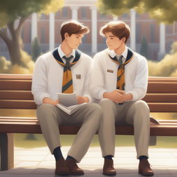 This is a high-resolution illustration featuring two young white men in college, the protagonist and 'A', sitting closely together on a bench amidst the bustling campus grounds