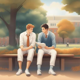 This is a high-resolution illustration featuring two young white men in college, the protagonist and 'A', sitting closely together on a bench amidst the bustling campus grounds