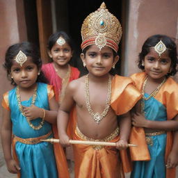 Children joyfully dressing up as the Indian deity, Bhagwan Ram, adorned in resplendent traditional attire, complete with bows and arrows.