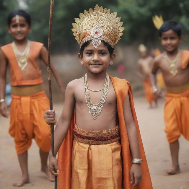 Children joyfully dressing up as the Indian deity, Bhagwan Ram, adorned in resplendent traditional attire, complete with bows and arrows.