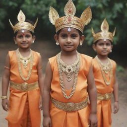 Children joyfully dressing up as the Indian deity, Bhagwan Ram, adorned in resplendent traditional attire, complete with bows and arrows.