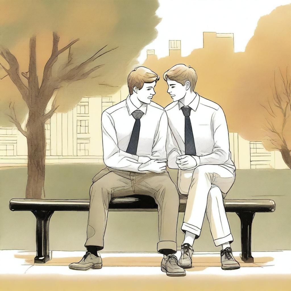 This high-quality illustration presents a heartwarming scene of friendship and personal growth on a bustling college campus