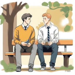 This high-quality illustration presents a heartwarming scene of friendship and personal growth on a bustling college campus