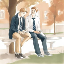 This high-quality illustration presents a heartwarming scene of friendship and personal growth on a bustling college campus