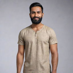 Create a hyper-realistic 8K resolution full body image of an Indian man with a round face, wheatish skin tone, height of 5 feet 2 inches, waist of 34 inches, a chin strap beard, weight of 68 kgs, with black side-parted hair.