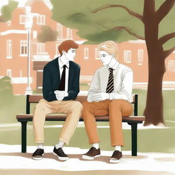 This high-quality illustration presents a heartwarming scene of friendship and personal growth on a bustling college campus