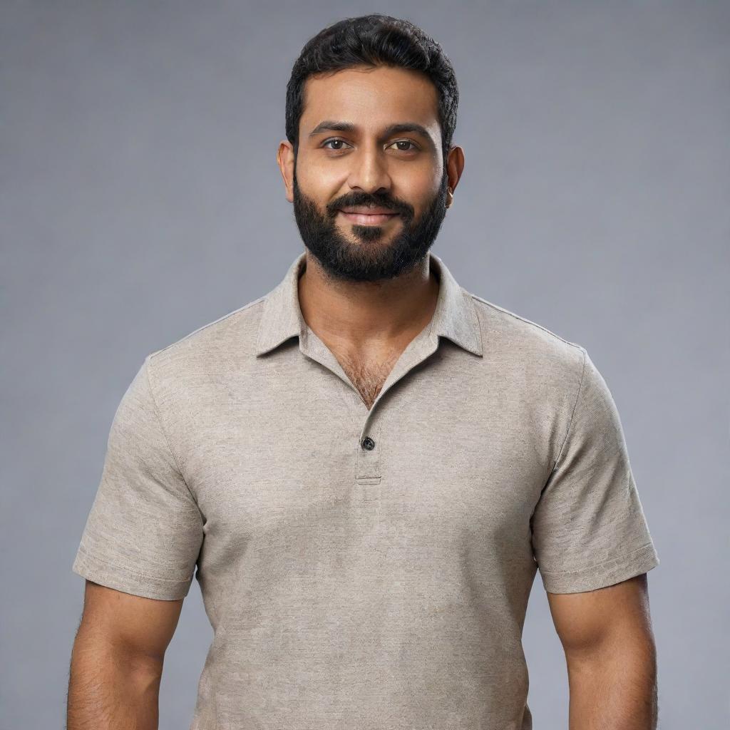 Create a hyper-realistic 8K resolution full body image of an Indian man with a round face, wheatish skin tone, height of 5 feet 2 inches, waist of 34 inches, a chin strap beard, weight of 68 kgs, with black side-parted hair.