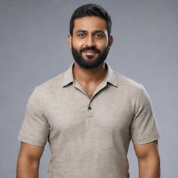 Create a hyper-realistic 8K resolution full body image of an Indian man with a round face, wheatish skin tone, height of 5 feet 2 inches, waist of 34 inches, a chin strap beard, weight of 68 kgs, with black side-parted hair.