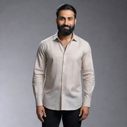 Create a hyper-realistic 8K resolution full body image of an Indian man with a round face, wheatish skin tone, height of 5 feet 2 inches, waist of 34 inches, a chin strap beard, weight of 68 kgs, with black side-parted hair.