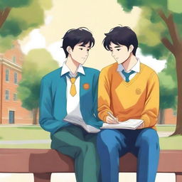 This premium-quality illustration, titled 'Harmony in Friendship', depicts two young men with dark hair, the protagonist and 'A', seated closely on a bench within a vibrant college setting