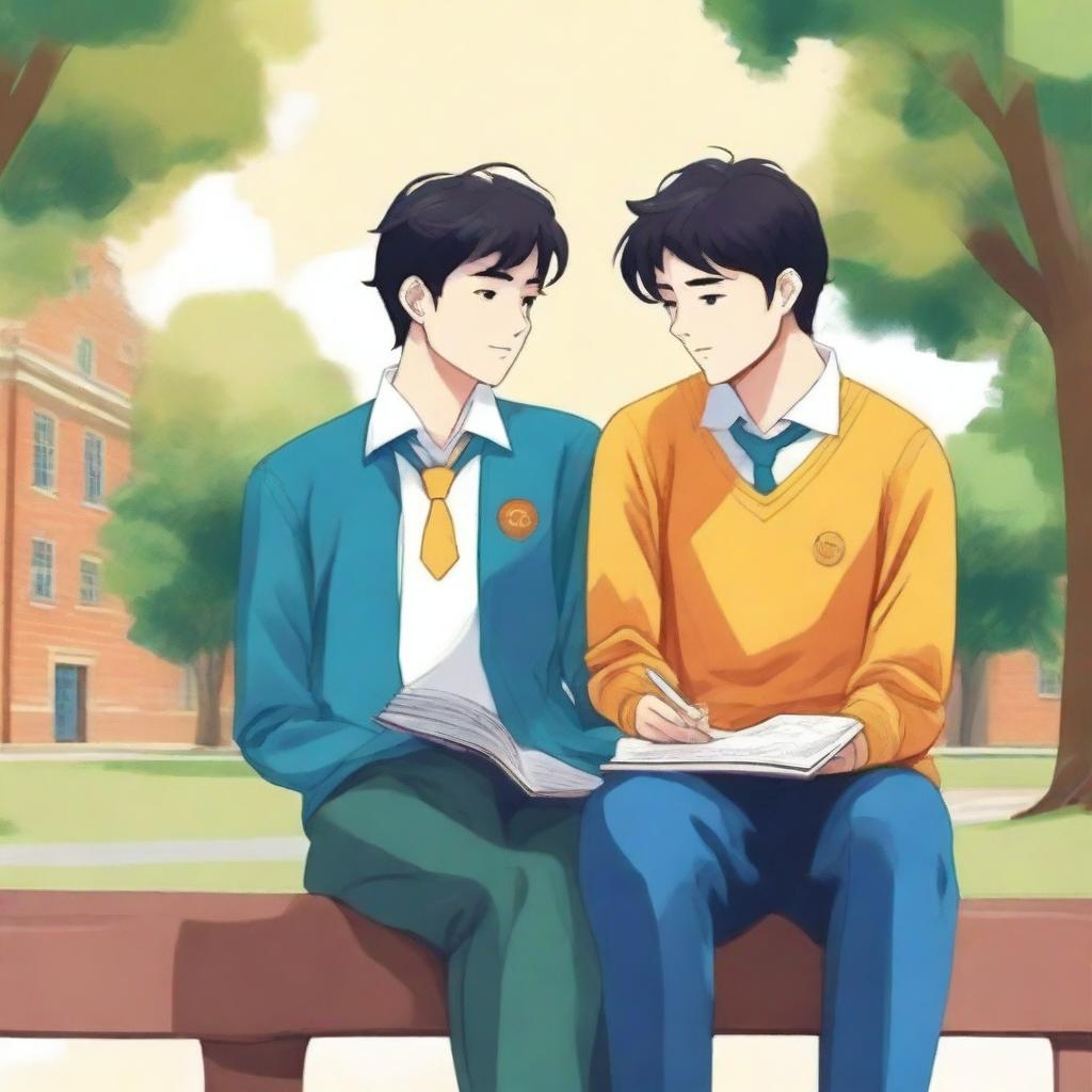 This premium-quality illustration, titled 'Harmony in Friendship', depicts two young men with dark hair, the protagonist and 'A', seated closely on a bench within a vibrant college setting