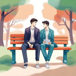 This premium-quality illustration, titled 'Harmony in Friendship', depicts two young men with dark hair, the protagonist and 'A', seated closely on a bench within a vibrant college setting