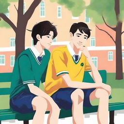 This premium-quality illustration, titled 'Harmony in Friendship', depicts two young men with dark hair, the protagonist and 'A', seated closely on a bench within a vibrant college setting