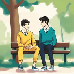 This premium-quality illustration, titled 'Harmony in Friendship', depicts two young men with dark hair, the protagonist and 'A', seated closely on a bench within a vibrant college setting