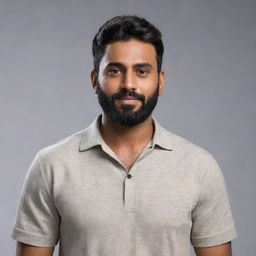 Create a hyper-realistic 8K resolution full body image of an Indian man with a round face, wheatish skin tone, height of 5 feet 2 inches, waist of 34 inches, a chin strap beard, weight of 68 kgs, with black side-parted hair.