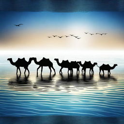 This digital art image is a captivating depiction of a caravan of camels crossing the Mediterranean Sea