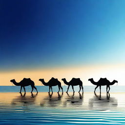 This digital art image is a captivating depiction of a caravan of camels crossing the Mediterranean Sea