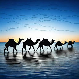 This digital art image is a captivating depiction of a caravan of camels crossing the Mediterranean Sea