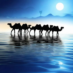 This digital art image is a captivating depiction of a caravan of camels crossing the Mediterranean Sea
