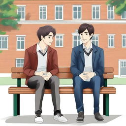 This is an exquisite illustration titled 'Harmony in Friendship', featuring two young men with dark hair, the protagonist and 'A', seated closely on a bench within a lively college setting