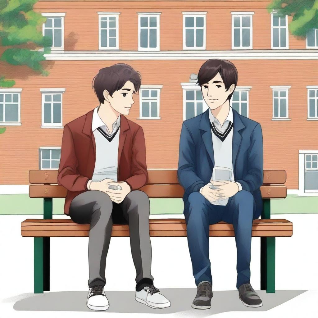This is an exquisite illustration titled 'Harmony in Friendship', featuring two young men with dark hair, the protagonist and 'A', seated closely on a bench within a lively college setting