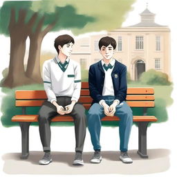 This is an exquisite illustration titled 'Harmony in Friendship', featuring two young men with dark hair, the protagonist and 'A', seated closely on a bench within a lively college setting