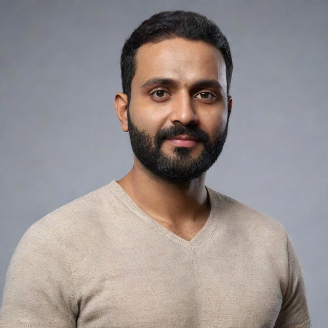 Generate a hyper-realistic 8K resolution full body image of an Indian man. Traits include a round face, wheatish skin tone, 5 feet 2 inches tall, 34 inches waist, stubble clean shaved hair, chin strap beard, and weight of 68 kgs.