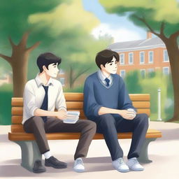 This is an exquisite illustration titled 'Harmony in Friendship', featuring two young men with dark hair, the protagonist and 'A', seated closely on a bench within a lively college setting
