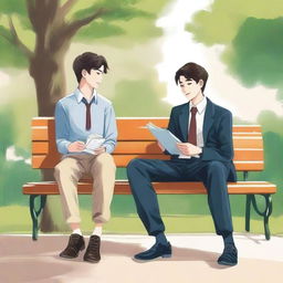 This is an exquisite illustration titled 'Harmony in Friendship', featuring two young men with dark hair, the protagonist and 'A', seated closely on a bench within a lively college setting